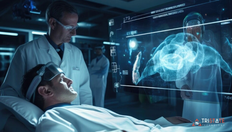 Doctors using AI and machine learning technology to analyze 3D medical imaging in a futuristic healthcare setting